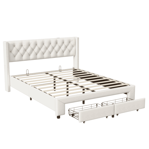 Cama estofada 180x200cm com decoração com tachas, gavetas, faixas de luz, entrada USB, bolsa de arrumação, bege, com carregador europeu. Cama estofada 180x200cm com decoração com tachas, gavetas, faixas de luz, entrada USB, bolsa de arrumação, bege, com carregador europeu.