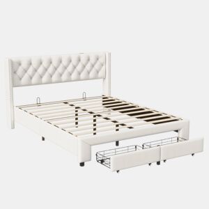 Cama estofada 180x200cm com decoração com tachas, gavetas, faixas de luz, entrada USB, bolsa de arrumação, bege, com carregador europeu.