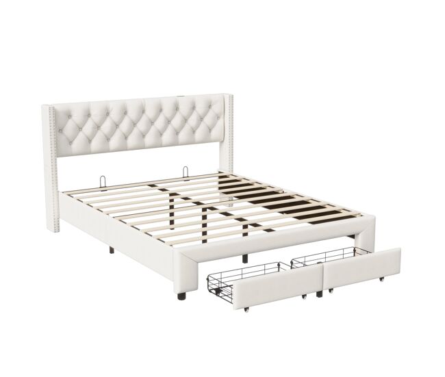 Cama tapizada 180x200 cm con decoración de remaches, cajones, tiras de luz, puerto de carga usb, bolsa de almacenamiento, beige, con cargador europeo