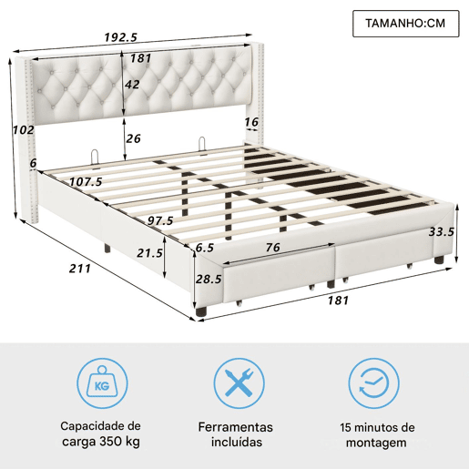 Cama estofada 180x200cm com decoração com tachas, gavetas, faixas de luz, entrada USB, bolsa de arrumação, bege, com carregador europeu. Cama estofada 180x200cm com decoração com tachas, gavetas, faixas de luz, entrada USB, bolsa de arrumação, bege, com carregador europeu.
