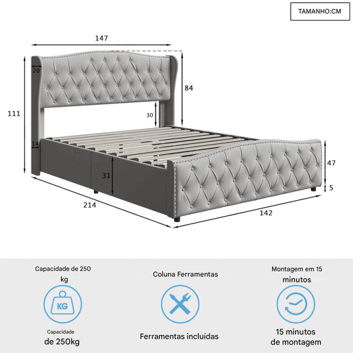 Cama capitonê 140x200 cm - estrado de ripas - arrumação hidráulica - veludo