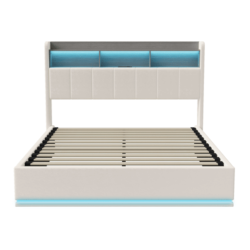 Cama de casal com arrumação 160 x 200 cm, cabeceira com arrumação e faixa de luz LED, carregamento USB, veludo branco, estrado de ripas, estrutura metálica, cama estofada hidráulica - Branco Cama de casal com arrumação 160 x 200 cm, cabeceira com arrumação e faixa de luz LED, carregamento USB, veludo branco, estrado de ripas, estrutura metálica, cama estofada hidráulica - Branco