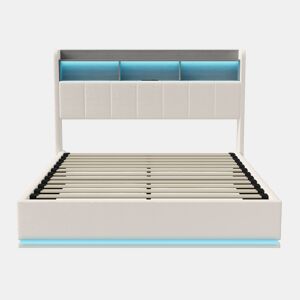 Cama de casal com arrumação 160 x 200 cm, cabeceira com arrumação e faixa de luz LED, carregamento USB, veludo branco, estrado de ripas, estrutura metálica, cama estofada hidráulica - Branco