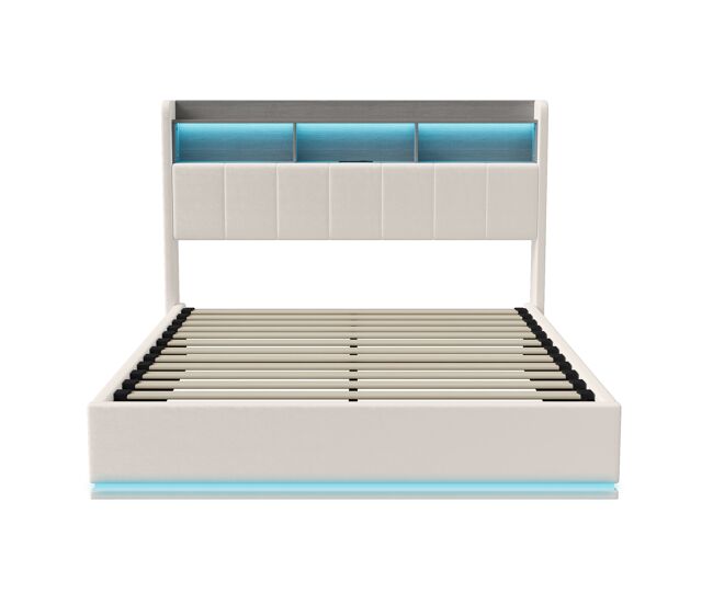 Cama doble contenedor 160 x 200 cm, cabecero con almacenaje y tira de luz LED, carga USB, terciopelo blanco, somier de láminas, estructura de metal, cama tapizada hidráulica - Blanco