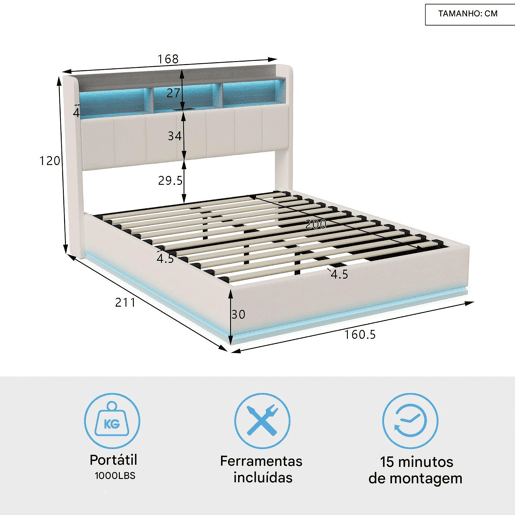 Cama de casal com arrumação 160 x 200 cm, cabeceira com arrumação e faixa de luz LED, carregamento USB, veludo branco, estrado de ripas, estrutura metálica, cama estofada hidráulica - Branco Cama de casal com arrumação 160 x 200 cm, cabeceira com arrumação e faixa de luz LED, carregamento USB, veludo branco, estrado de ripas, estrutura metálica, cama estofada hidráulica - Branco