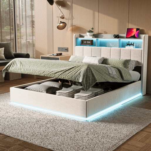 Cama de casal com arrumação 140 x 200 cm, cabeceira com arrumação e faixa de luz LED, carregamento USB, veludo branco, estrado de ripas, estrutura metálica, cama estofada hidráulica - Branco Cama de casal com arrumação 140 x 200 cm, cabeceira com arrumação e faixa de luz LED, carregamento USB, veludo branco, estrado de ripas, estrutura metálica, cama estofada hidráulica - Branco