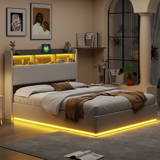 Cama de casal com arrumação 140 x 200 cm, cabeceira com arrumação e faixa de luz LED, carregamento USB, veludo branco, estrado de ripas, estrutura metálica, cama estofada hidráulica - Branco Cama de casal com arrumação 140 x 200 cm, cabeceira com arrumação e faixa de luz LED, carregamento USB, veludo branco, estrado de ripas, estrutura metálica, cama estofada hidráulica - Branco