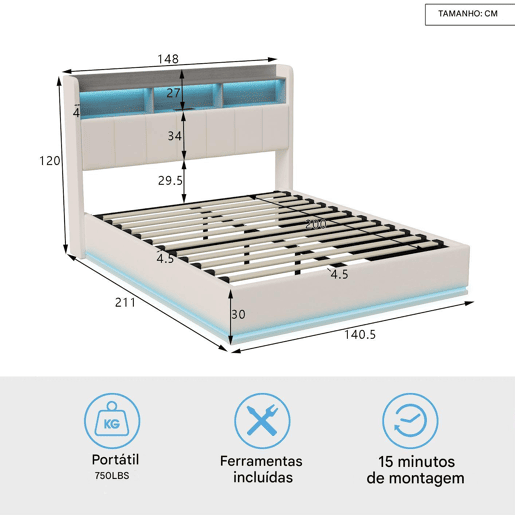 Cama de casal com arrumação 140 x 200 cm, cabeceira com arrumação e faixa de luz LED, carregamento USB, veludo branco, estrado de ripas, estrutura metálica, cama estofada hidráulica - Branco Cama de casal com arrumação 140 x 200 cm, cabeceira com arrumação e faixa de luz LED, carregamento USB, veludo branco, estrado de ripas, estrutura metálica, cama estofada hidráulica - Branco