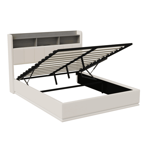 Cama de casal com arrumação 140 x 200 cm, cabeceira com arrumação e faixa de luz LED, carregamento USB, veludo branco, estrado de ripas, estrutura metálica, cama estofada hidráulica - Branco Cama de casal com arrumação 140 x 200 cm, cabeceira com arrumação e faixa de luz LED, carregamento USB, veludo branco, estrado de ripas, estrutura metálica, cama estofada hidráulica - Branco