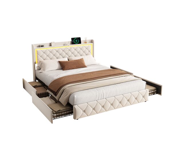 Cama de 140x190 cm en terciopelo beige con cabecero led, 4 cajones, puertos usb y tipo-c.