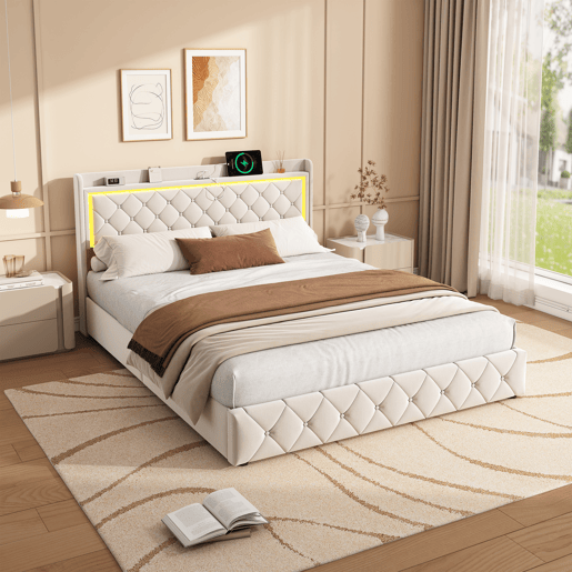 Cama 140x190 cm - veludo bege - cabeceira LED - 4 gavetas - portas USB e Type-C Cama 140x190 cm - veludo bege - cabeceira LED - 4 gavetas - portas USB e Type-C