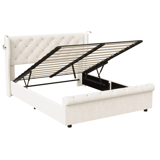 Cama de arrumação 140x200cm com cabeceira, luz de leitura com carregamento USB, base de ripas, estrutura de cama, cama de casal estilo contemporâneo, bege Cama de arrumação 140x200cm com cabeceira, luz de leitura com carregamento USB, base de ripas, estrutura de cama, cama de casal estilo contemporâneo, bege