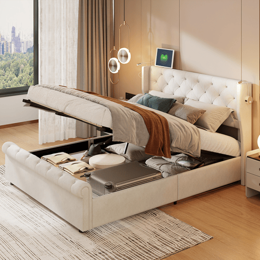 Cama de arrumação 140x200cm com cabeceira, luz de leitura com carregamento USB, base de ripas, estrutura de cama, cama de casal estilo contemporâneo, bege Cama de arrumação 140x200cm com cabeceira, luz de leitura com carregamento USB, base de ripas, estrutura de cama, cama de casal estilo contemporâneo, bege