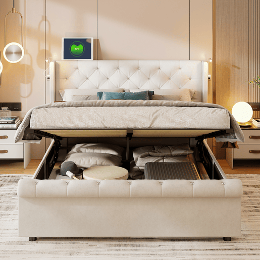 Cama de arrumação 140x200cm com cabeceira, luz de leitura com carregamento USB, base de ripas, estrutura de cama, cama de casal estilo contemporâneo, bege Cama de arrumação 140x200cm com cabeceira, luz de leitura com carregamento USB, base de ripas, estrutura de cama, cama de casal estilo contemporâneo, bege