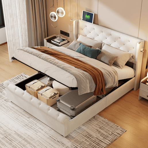 Cama de arrumação 140x200cm com cabeceira, luz de leitura com carregamento USB, base de ripas, estrutura de cama, cama de casal estilo contemporâneo, bege Cama de arrumação 140x200cm com cabeceira, luz de leitura com carregamento USB, base de ripas, estrutura de cama, cama de casal estilo contemporâneo, bege