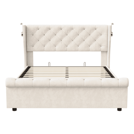 Cama de arrumação 140x200cm com cabeceira, luz de leitura com carregamento USB, base de ripas, estrutura de cama, cama de casal estilo contemporâneo, bege Cama de arrumação 140x200cm com cabeceira, luz de leitura com carregamento USB, base de ripas, estrutura de cama, cama de casal estilo contemporâneo, bege