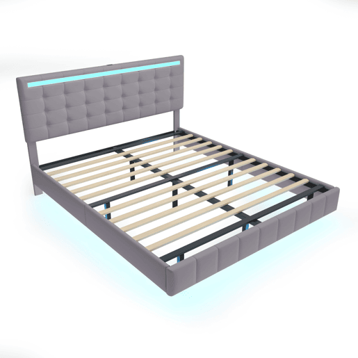 Cama 160x200 cm - cabeceira ajustável - LED - linho - cinza Cama 160x200 cm - cabeceira ajustável - LED - linho - cinza