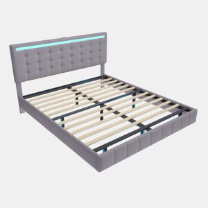 Cama 160x200 cm - cabeceira ajustável - LED - linho - cinza