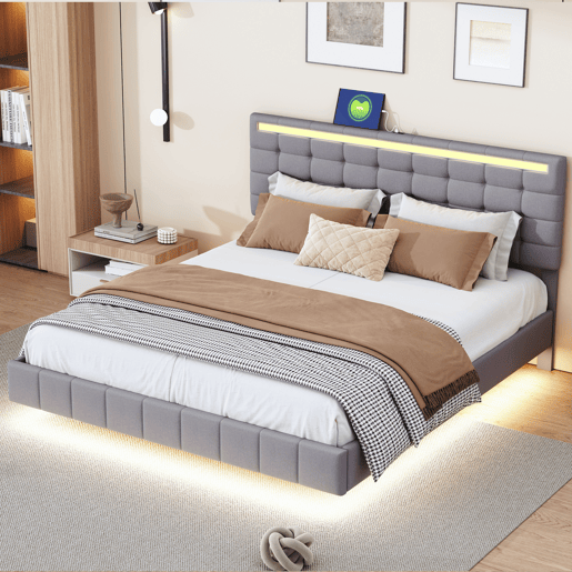Cama 160x200 cm - cabeceira ajustável - LED - linho - cinza Cama 160x200 cm - cabeceira ajustável - LED - linho - cinza