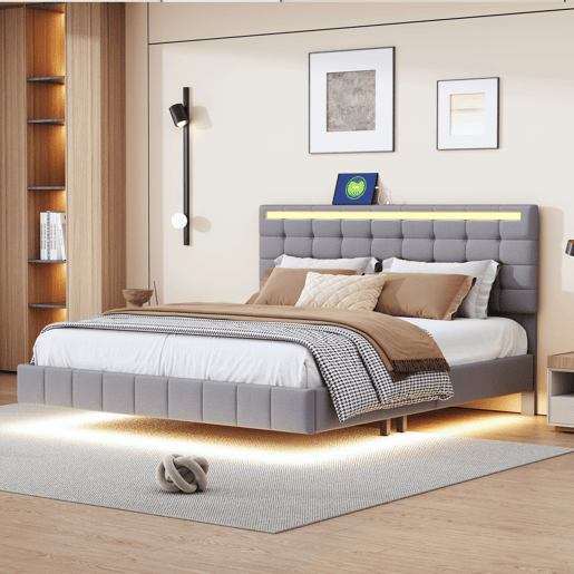 Cama 160x200 cm - cabeceira ajustável - LED - linho - cinza Cama 160x200 cm - cabeceira ajustável - LED - linho - cinza