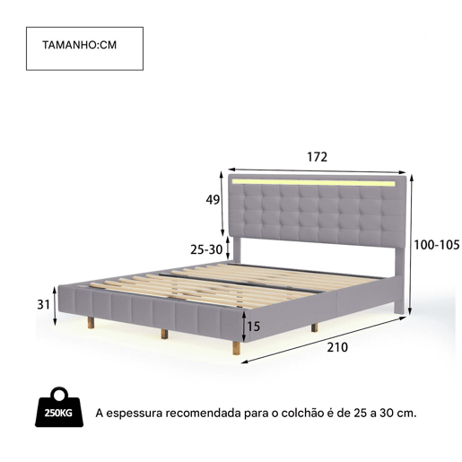 Cama 160x200 cm - cabeceira ajustável - LED - linho - cinza Cama 160x200 cm - cabeceira ajustável - LED - linho - cinza
