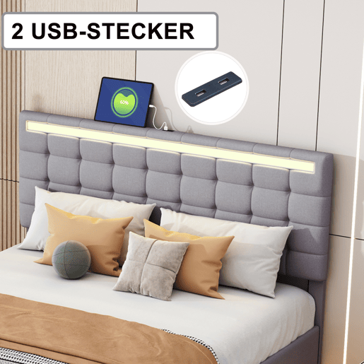 Cama 160x200 cm - cabeceira ajustável - LED - linho - cinza Cama 160x200 cm - cabeceira ajustável - LED - linho - cinza