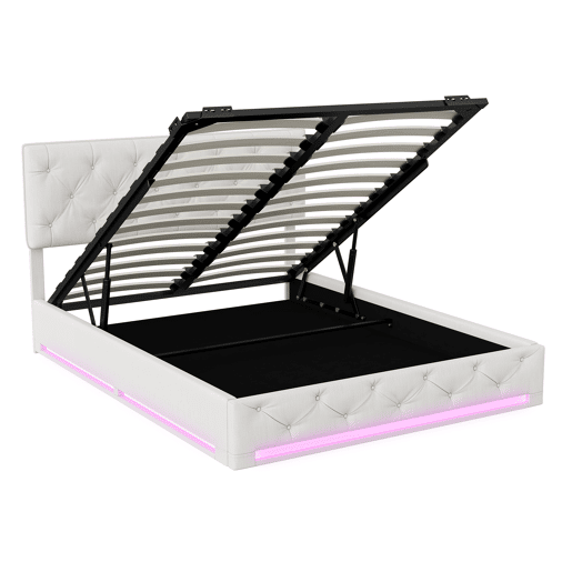 Cama estofada 160x200cm com LED e estrado de ripas, estrutura de cama com armário e cabeceira, estrutura de cama em veludo bege e branco Cama estofada 160x200cm com LED e estrado de ripas, estrutura de cama com armário e cabeceira, estrutura de cama em veludo bege e branco