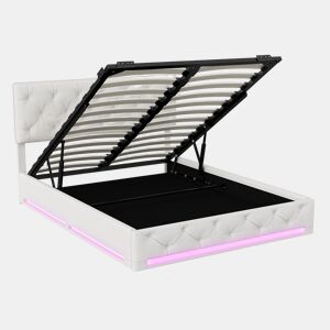 Cama estofada 160x200cm com LED e estrado de ripas, estrutura de cama com armário e cabeceira, estrutura de cama em veludo bege e branco