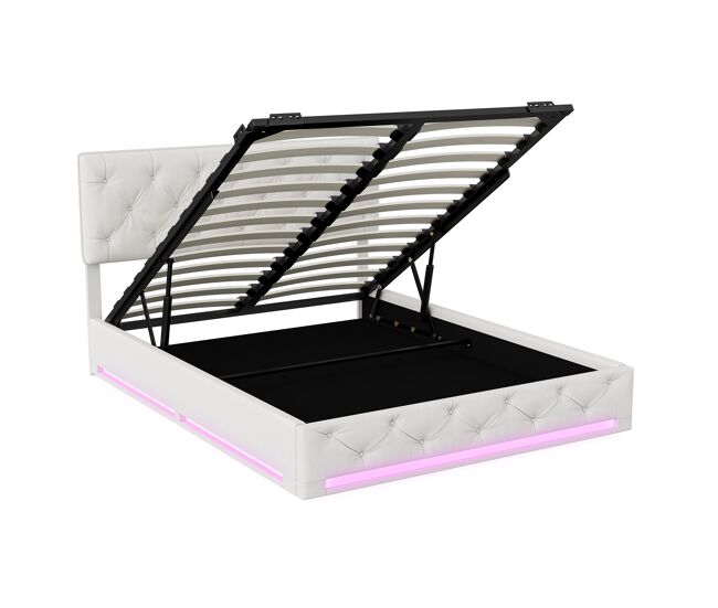 Cama tapizada 160x200cm con led y somier de láminas, canapé y cabecero, somier de tela terciopelo beige blanco