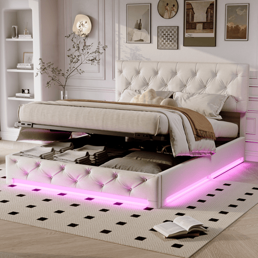 Cama estofada 160x200cm com LED e estrado de ripas, estrutura de cama com armário e cabeceira, estrutura de cama em veludo bege e branco Cama estofada 160x200cm com LED e estrado de ripas, estrutura de cama com armário e cabeceira, estrutura de cama em veludo bege e branco