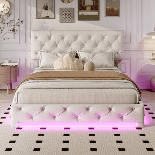 Cama estofada 160x200cm com LED e estrado de ripas, estrutura de cama com armário e cabeceira, estrutura de cama em veludo bege e branco Cama estofada 160x200cm com LED e estrado de ripas, estrutura de cama com armário e cabeceira, estrutura de cama em veludo bege e branco
