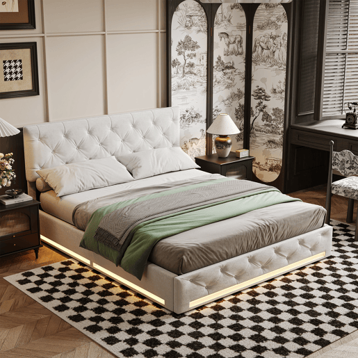 Cama estofada 160x200cm com LED e estrado de ripas, estrutura de cama com armário e cabeceira, estrutura de cama em veludo bege e branco Cama estofada 160x200cm com LED e estrado de ripas, estrutura de cama com armário e cabeceira, estrutura de cama em veludo bege e branco