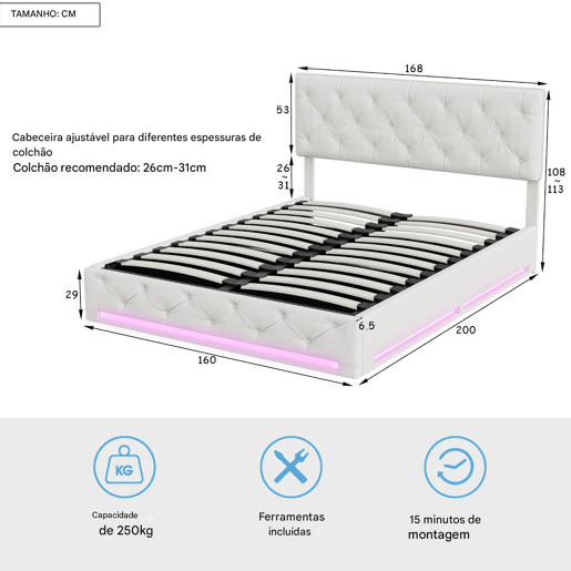 Cama estofada 160x200cm com LED e estrado de ripas, estrutura de cama com armário e cabeceira, estrutura de cama em veludo bege e branco Cama estofada 160x200cm com LED e estrado de ripas, estrutura de cama com armário e cabeceira, estrutura de cama em veludo bege e branco