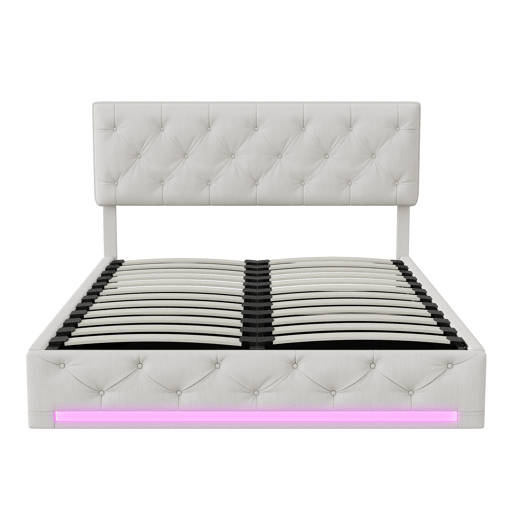 Cama estofada 160x200cm com LED e estrado de ripas, estrutura de cama com armário e cabeceira, estrutura de cama em veludo bege e branco Cama estofada 160x200cm com LED e estrado de ripas, estrutura de cama com armário e cabeceira, estrutura de cama em veludo bege e branco