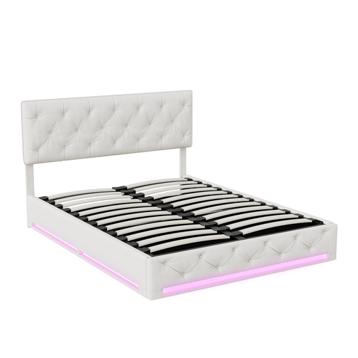 Cama estofada 160x200cm com LED e estrado de ripas, estrutura de cama com armário e cabeceira, estrutura de cama em veludo bege e branco Cama estofada 160x200cm com LED e estrado de ripas, estrutura de cama com armário e cabeceira, estrutura de cama em veludo bege e branco