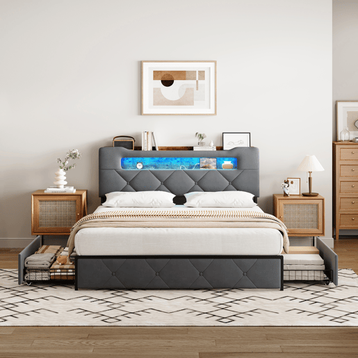 Cama 160x200 cm com 4 gavetas, cabeceira com iluminação LED, estofada em tecido cinza, estrutura metálica e painéis Cama 160x200 cm com 4 gavetas, cabeceira com iluminação LED, estofada em tecido cinza, estrutura metálica e painéis