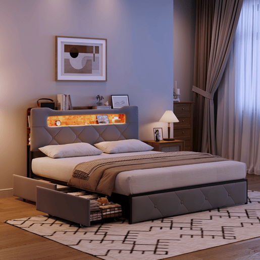 Cama 160x200 cm com 4 gavetas, cabeceira com iluminação LED, estofada em tecido cinza, estrutura metálica e painéis Cama 160x200 cm com 4 gavetas, cabeceira com iluminação LED, estofada em tecido cinza, estrutura metálica e painéis