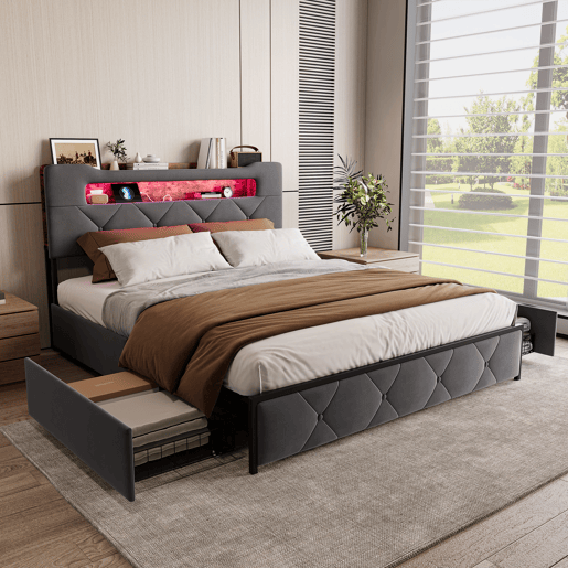 Cama 160x200 cm com 4 gavetas, cabeceira com iluminação LED, estofada em tecido cinza, estrutura metálica e painéis Cama 160x200 cm com 4 gavetas, cabeceira com iluminação LED, estofada em tecido cinza, estrutura metálica e painéis