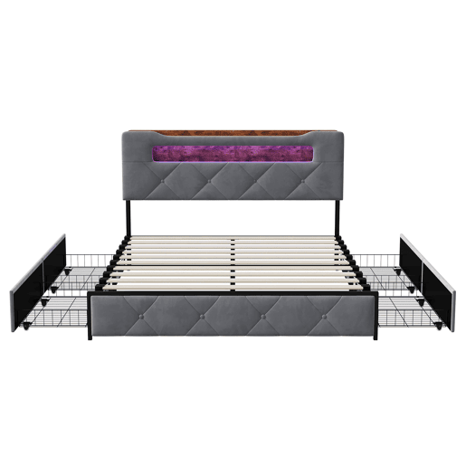 Cama 160x200 cm com 4 gavetas, cabeceira com iluminação LED, estofada em tecido cinza, estrutura metálica e painéis Cama 160x200 cm com 4 gavetas, cabeceira com iluminação LED, estofada em tecido cinza, estrutura metálica e painéis