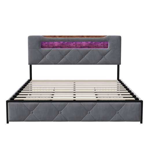 Cama 160x200 cm com 4 gavetas, cabeceira com iluminação LED, estofada em tecido cinza, estrutura metálica e painéis Cama 160x200 cm com 4 gavetas, cabeceira com iluminação LED, estofada em tecido cinza, estrutura metálica e painéis