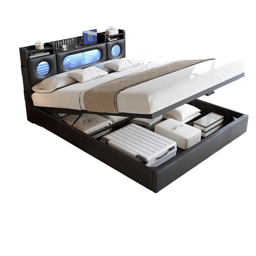 Cama 160x200 cm com compartimentos de molas a gás, portas USBUSB-C, iluminação LED e estofado em linho preto, prática e moderna Cama 160x200 cm com compartimentos de molas a gás, portas USBUSB-C, iluminação LED e estofado em linho preto, prática e moderna
