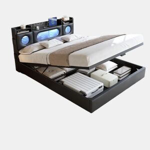 Cama 160x200 cm com compartimentos de molas a gás, portas USBUSB-C, iluminação LED e estofado em linho preto, prática e moderna