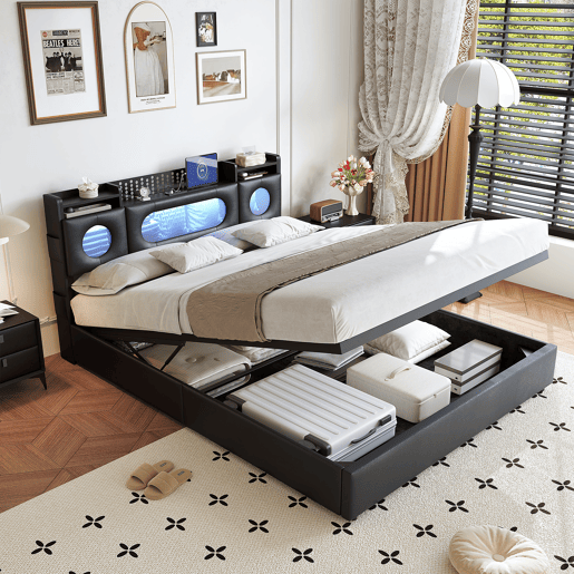 Cama 160x200 cm com compartimentos de molas a gás, portas USBUSB-C, iluminação LED e estofado em linho preto, prática e moderna Cama 160x200 cm com compartimentos de molas a gás, portas USBUSB-C, iluminação LED e estofado em linho preto, prática e moderna