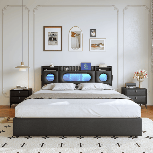 Cama 160x200 cm com compartimentos de molas a gás, portas USBUSB-C, iluminação LED e estofado em linho preto, prática e moderna Cama 160x200 cm com compartimentos de molas a gás, portas USBUSB-C, iluminação LED e estofado em linho preto, prática e moderna
