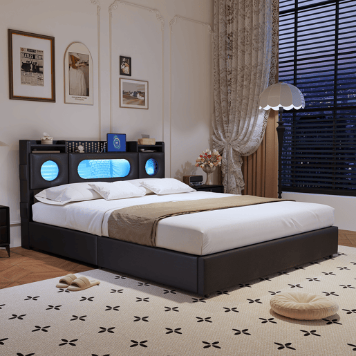 Cama 160x200 cm com compartimentos de molas a gás, portas USBUSB-C, iluminação LED e estofado em linho preto, prática e moderna Cama 160x200 cm com compartimentos de molas a gás, portas USBUSB-C, iluminação LED e estofado em linho preto, prática e moderna