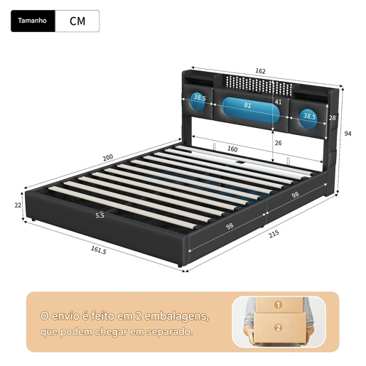 Cama 160x200 cm com compartimentos de molas a gás, portas USBUSB-C, iluminação LED e estofado em linho preto, prática e moderna Cama 160x200 cm com compartimentos de molas a gás, portas USBUSB-C, iluminação LED e estofado em linho preto, prática e moderna