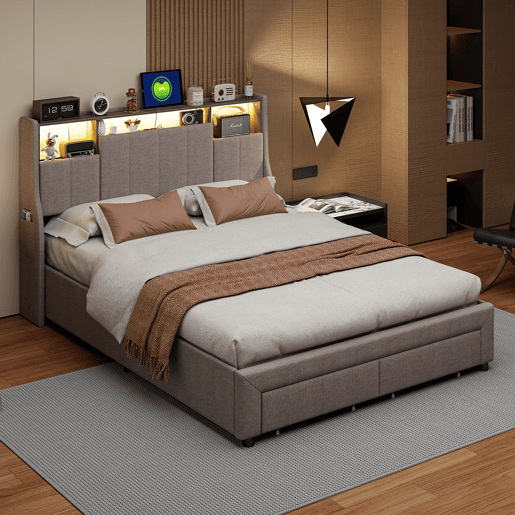 Cama de casal estofada (160x200 cm) com iluminação LED, cama com gavetas e compartimentos para roupa de cama. Cama de casal estofada (160x200 cm) com iluminação LED, cama com gavetas e compartimentos para roupa de cama.