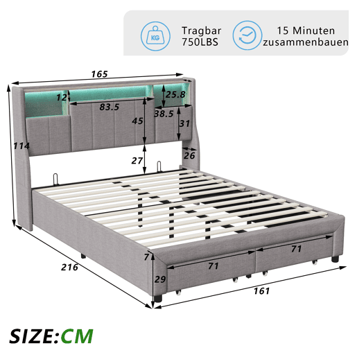 Cama de casal estofada (160x200 cm) com iluminação LED, cama com gavetas e compartimentos para roupa de cama. Cama de casal estofada (160x200 cm) com iluminação LED, cama com gavetas e compartimentos para roupa de cama.
