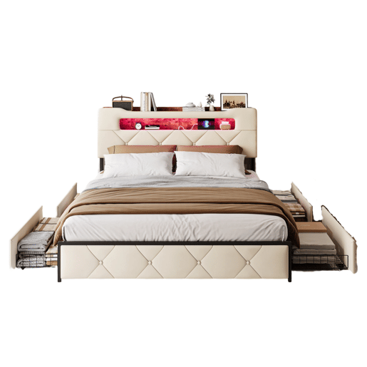 Cama 160x200 cm com 4 gavetas de armazenamento, cabeceira com iluminação LED, estofada em tecido bege, estrutura metálica e painéis Cama 160x200 cm com 4 gavetas de armazenamento, cabeceira com iluminação LED, estofada em tecido bege, estrutura metálica e painéis