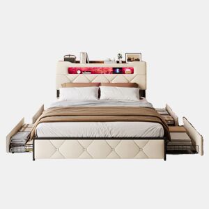 Cama 160x200 cm com 4 gavetas de armazenamento, cabeceira com iluminação LED, estofada em tecido bege, estrutura metálica e painéis